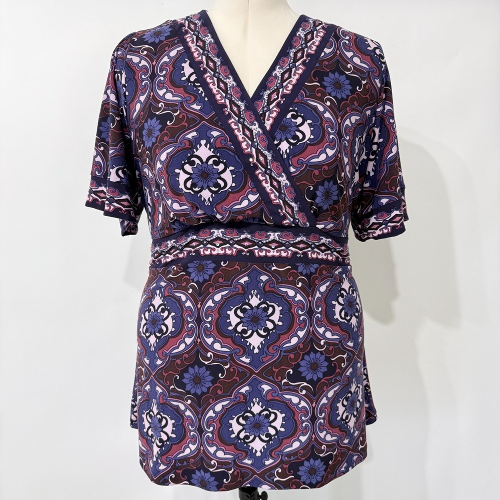 Venezia Paisley Faux Wrap Tunic Top Size 14/16‎ Sequins Tie Back Work Evening